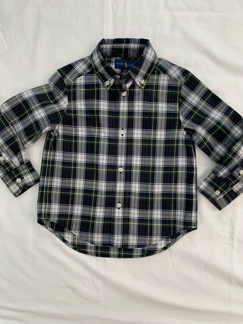 Ralph Lauren 2T Boys' Plaid Button-Down Shirt - Navy, Green & White Cotton